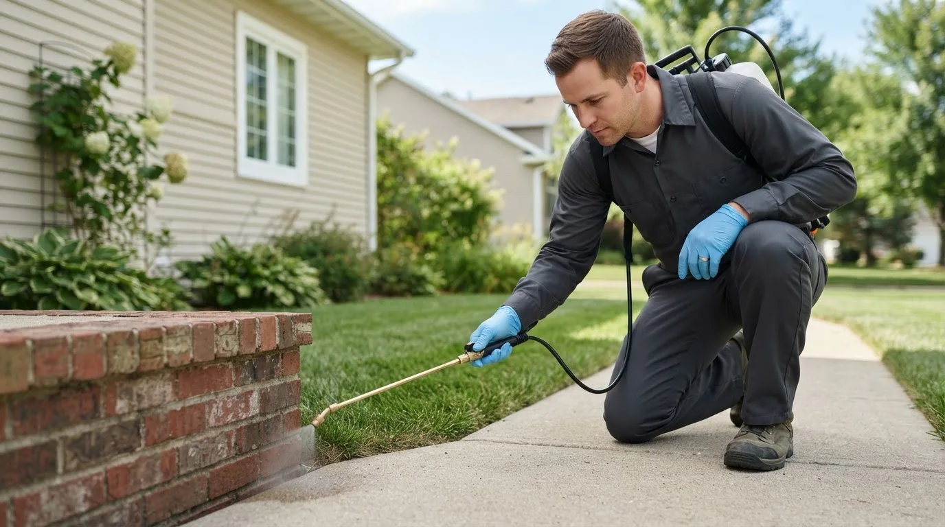 Pest control technician treating a home near Bernhards Bay, NY