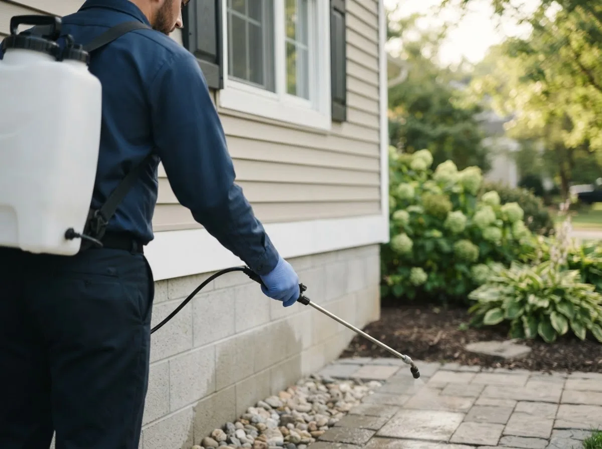 Pest control technician inspecting a home in Bernhards Bay, NY